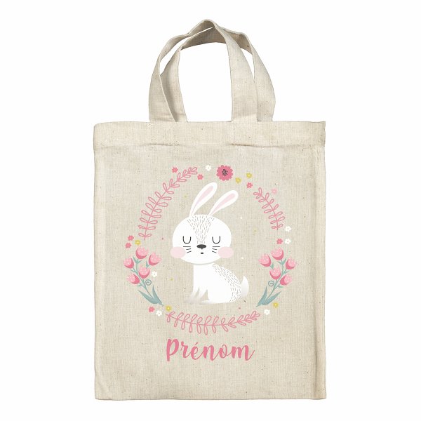 Borsa tote bag di Pasqua personalizzata - Coniglietta bianca, con fiori