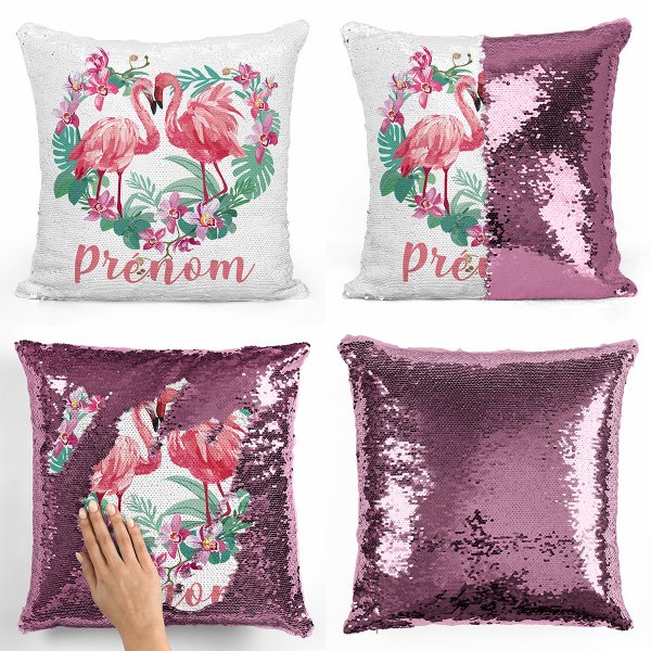 Cuscino con paillette, magico, personalizzato - Fenicotteri rosa, cuore