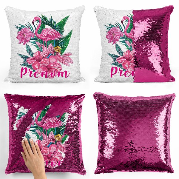 Cuscino con paillette, magico, personalizzato - Fenicottero rosa tropicale