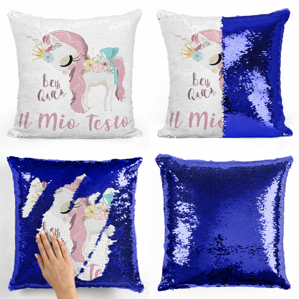 Cuscino con paillette, magico, personalizzato - Unicorno, Be the Queen