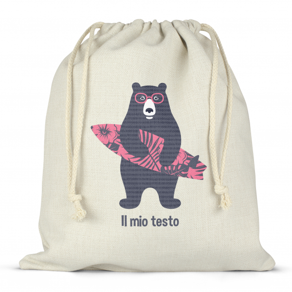 Borsa per contenitore porta-pranzo, con lacci, personalizzata - Orso surfista