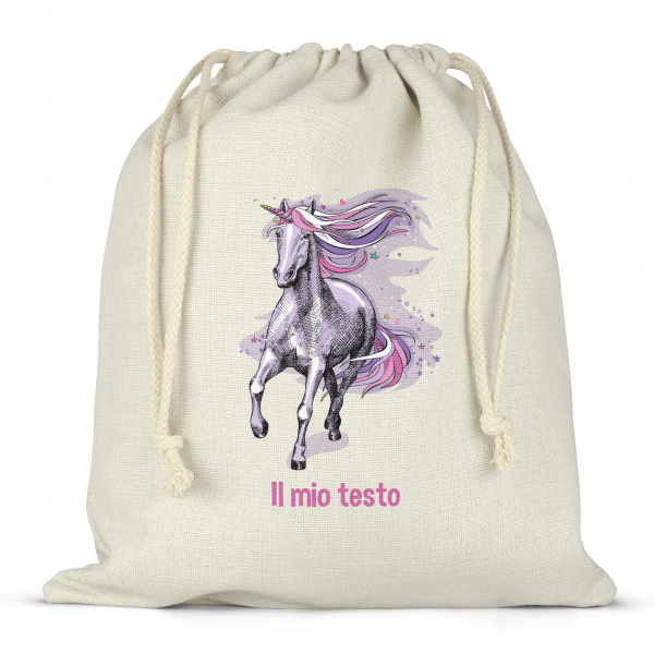 Borsa per contenitore porta-pranzo, con lacci, personalizzata - Unicorno, colore: Viola