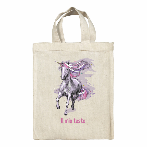 Borsa tote bag, contenitore porta-pranzo personalizzato - Unicorno, colore: Viola
