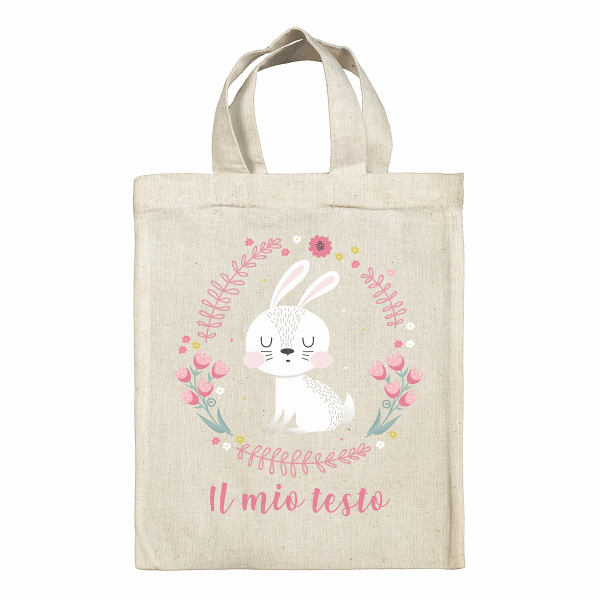 Borsa tote bag di Pasqua personalizzata - Coniglietta bianca, con fiori