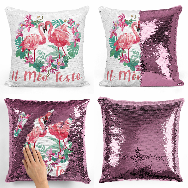 Cuscino con paillette, magico, personalizzato - Fenicotteri rosa, cuore