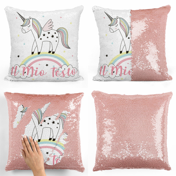 Cuscino con paillette, magico, personalizzato - Unicorno, arcobaleno