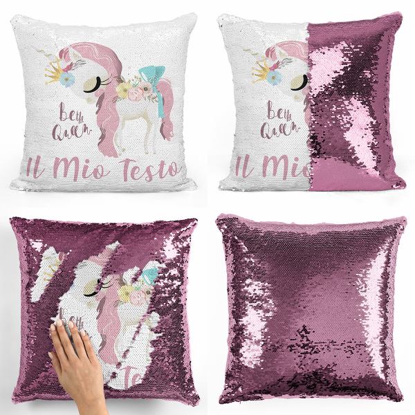 Cuscino con paillette, magico, personalizzato - Unicorno, Be the Queen