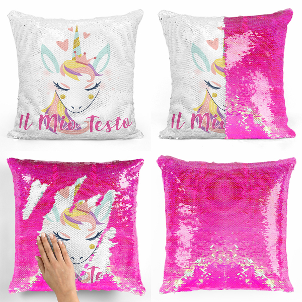Cuscino con paillette, magico, personalizzato - Unicorno, cuori