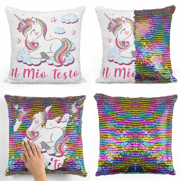 Cuscino con paillette, magico, personalizzato - Unicorno, nuvole