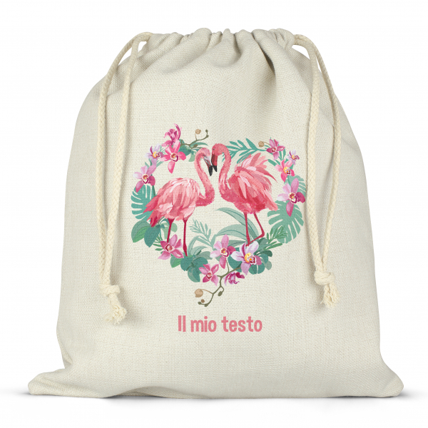 Borsa per contenitore porta-pranzo, con lacci, personalizzata - Fenicotteri rosa