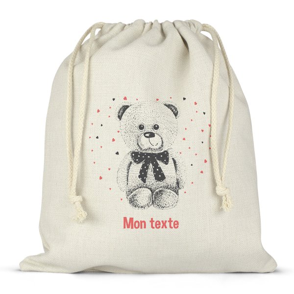 Borsa per contenitore porta-pranzo, con lacci, personalizzata - Orsacchiotto, cuori