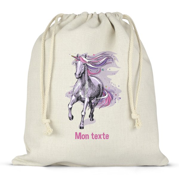 Borsa per contenitore porta-pranzo, con lacci, personalizzata - Unicorno, colore: Viola
