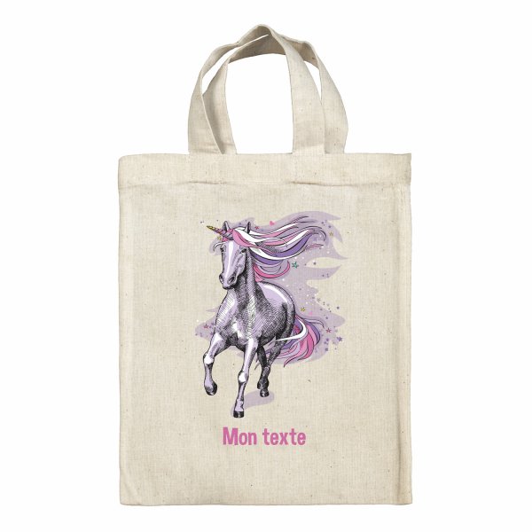 Borsa tote bag, contenitore porta-pranzo personalizzato - Unicorno, colore: Viola