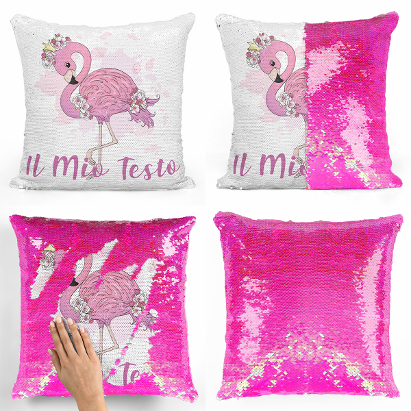 Cuscino con paillette, magico, personalizzato - Fenicottero rosa