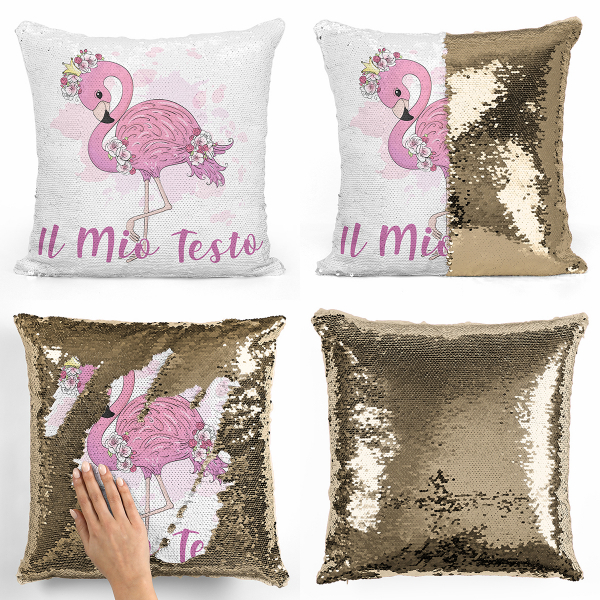 Cuscino con paillette, magico, personalizzato - Fenicottero rosa