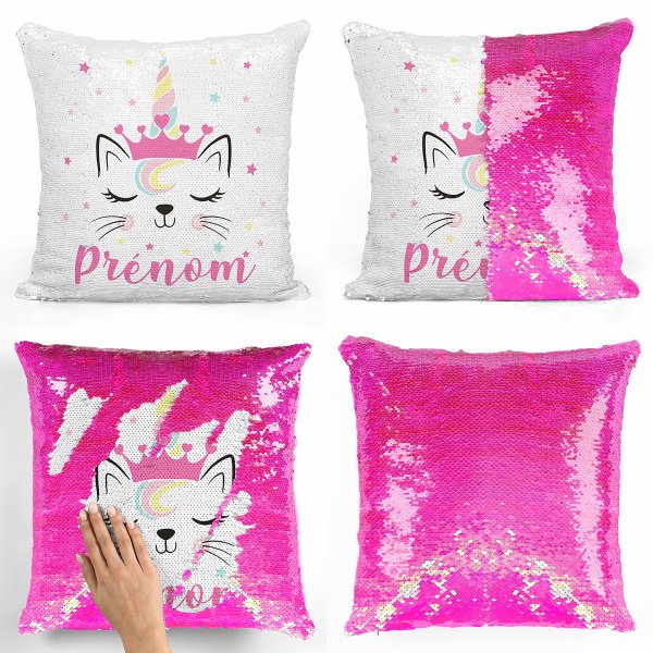 Cuscino con paillette, magico, personalizzato - Gatto, unicorno