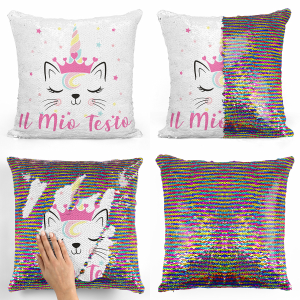 Cuscino con paillette, magico, personalizzato - Gatto, unicorno