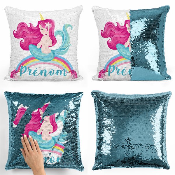 Cuscino con paillette, magico, personalizzato - Sirena, arcobaleno