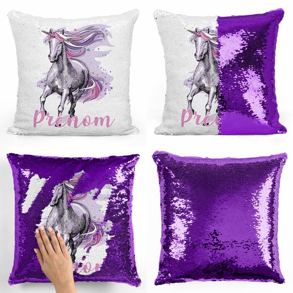 Cuscino con paillette, magico, personalizzato - Unicorno, colore: Viola